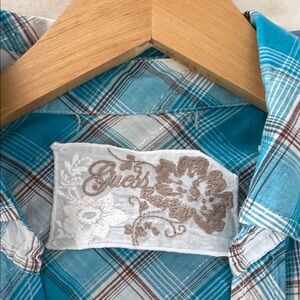 Rare Guess Turquoise and Brown with shimmery thread Plaid Button-snap Down Shirt
